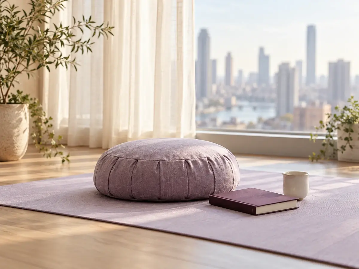 Lavender meditation cushion and yoga mat beside a plum book and cream cup in a quiet sunlit room overlooking the city